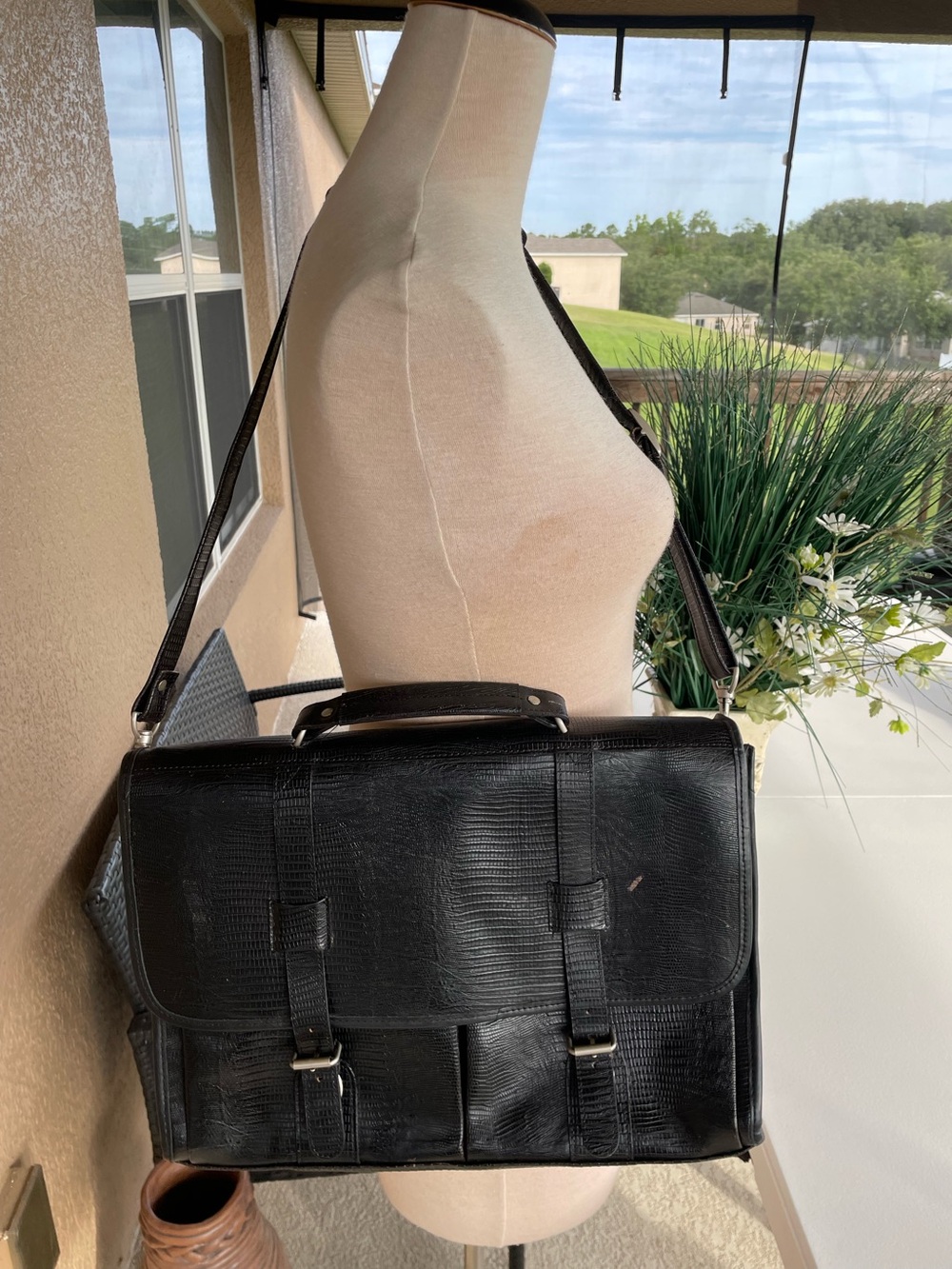 Vintage Black Leather Briefcase Attache Messenger Bag Lizard Embossed USA